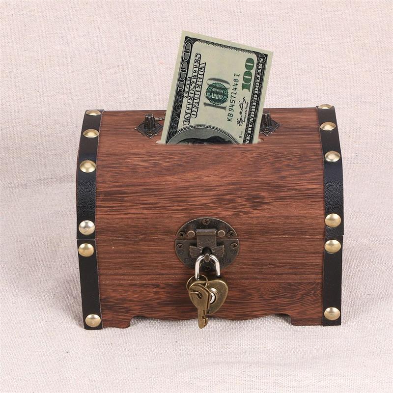 Vintage Wooden Treasure Chest Piggy Bank Lockable Storage Box 3