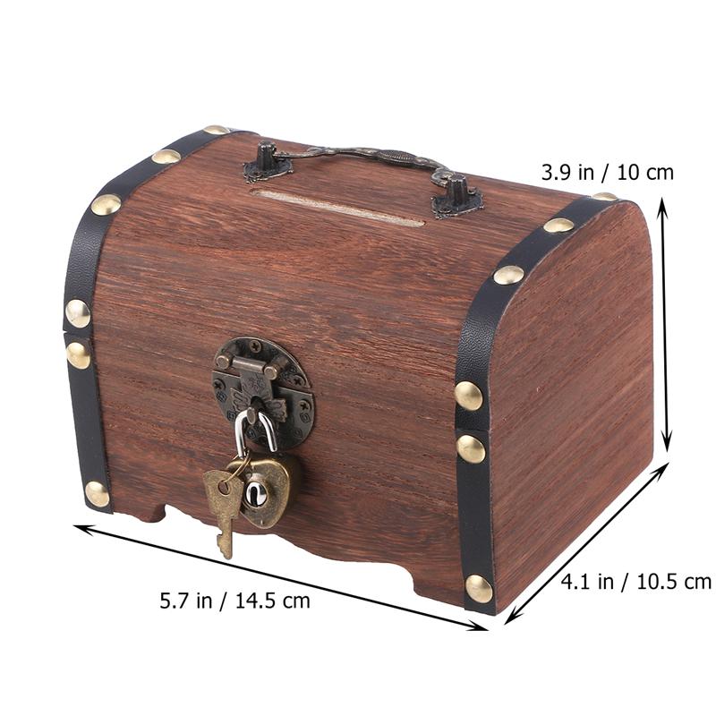 Vintage Wooden Treasure Chest Piggy Bank Lockable Storage Box 4
