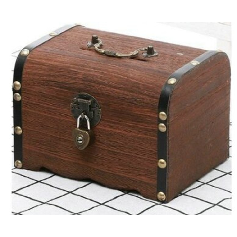 Vintage Wooden Treasure Chest Piggy Bank Lockable Storage Box 6