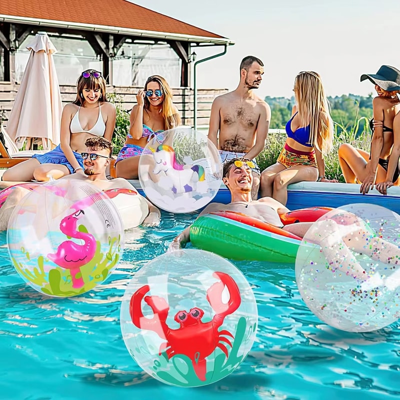Transparent Inflatable Beach Ball Kids Pool Toy With Flamingo Unicorn Design 0