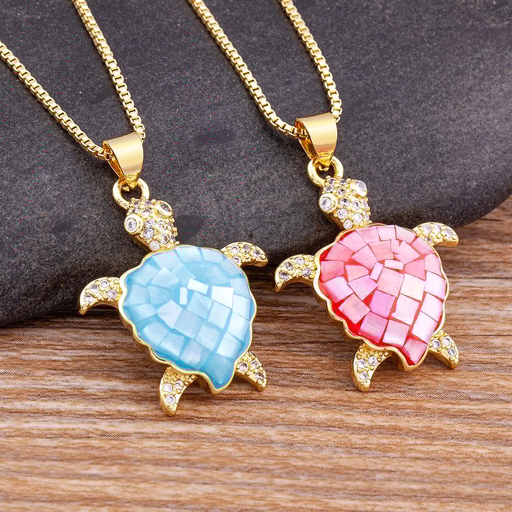 Colorful Crystal Turtle Pendant Necklace With Zircon Shell For Women Beach Jewelry 0