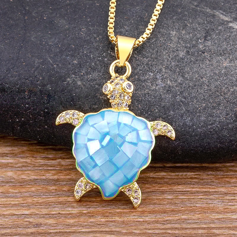 Colorful Crystal Turtle Pendant Necklace With Zircon Shell For Women Beach Jewelry 7