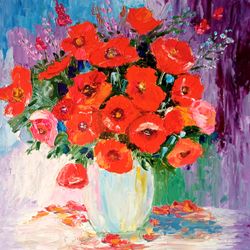 Red poppies bouquet Original oil painting Vivid art