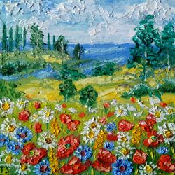 Mini oil painting Beautiful landscape Original art Flower meadow