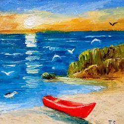 A small painting The red boat Original oil painting Seascape art