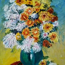 chrysanthemums original oil painting floral art bouquet of flowers wall art