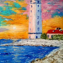 lighthouse sunset seascape original art bright oil painting with lighthouse