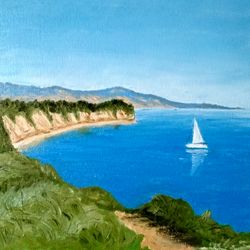 california oil painting seascape with yacht original art