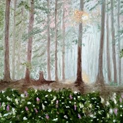 Morning forest Original oil painting Trees and flowers art Sunrise