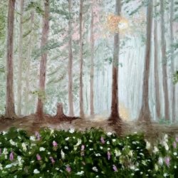 morning forest original oil painting trees and flowers art sunrise