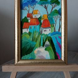 children's houses original art framed small oil painting houses from a fairy tale