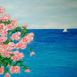 sea and flowers art original oil painting impasto wall art pink flowers in the seascape wall art