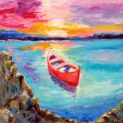 The red boat Original art Seascape oil painting Sunset seascape art Wall decor