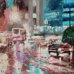 rainy evening original oil painting urban landscape