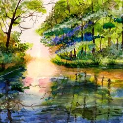 emerald landscape original watercolor painting wall art