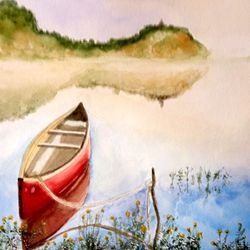red boat sunrise original watercolor painting landscape painting wall art