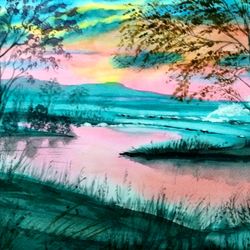 Pink sunset Original watercolor painting Evening landscape Wall art