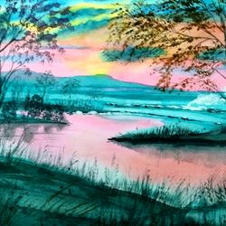 pink sunset original watercolor painting evening landscape wall art