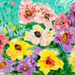 tapestry original art flowers oil painting joyful colors wall decor framed
