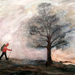 storm original watercolor painting a lonely traveler the tree and the man art