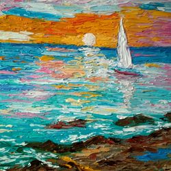 white sail original oil painting sea sunset art impasto fine art