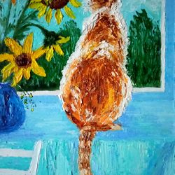 cat and window original oil painting home picture red cat painting wall art