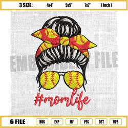 mom life messy bun girl sport baseball embroidery