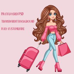 Brunette woman and pink suitcase