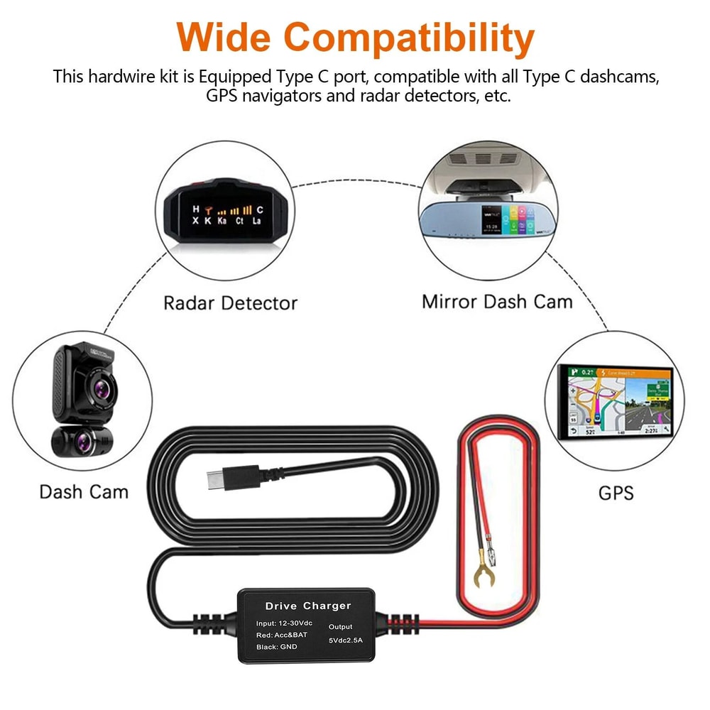 Dash Cam Hardwire Kit Type C Connector Car Power Fuse Low Voltage Protection 7