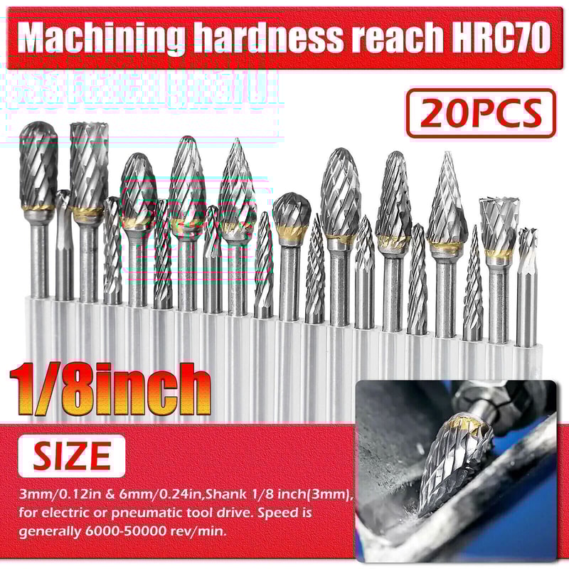Tungsten Carbide Rotary Burr Die Grinder Bits Set 20Piece Shank Carving Tools For Metal Wood 8