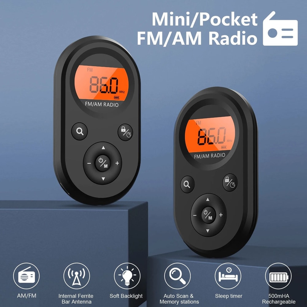 Radio Mini Digital AM FM Portable Pocket LCD Stereo Receiver Earphone Included USB Cable Rechargeab 8