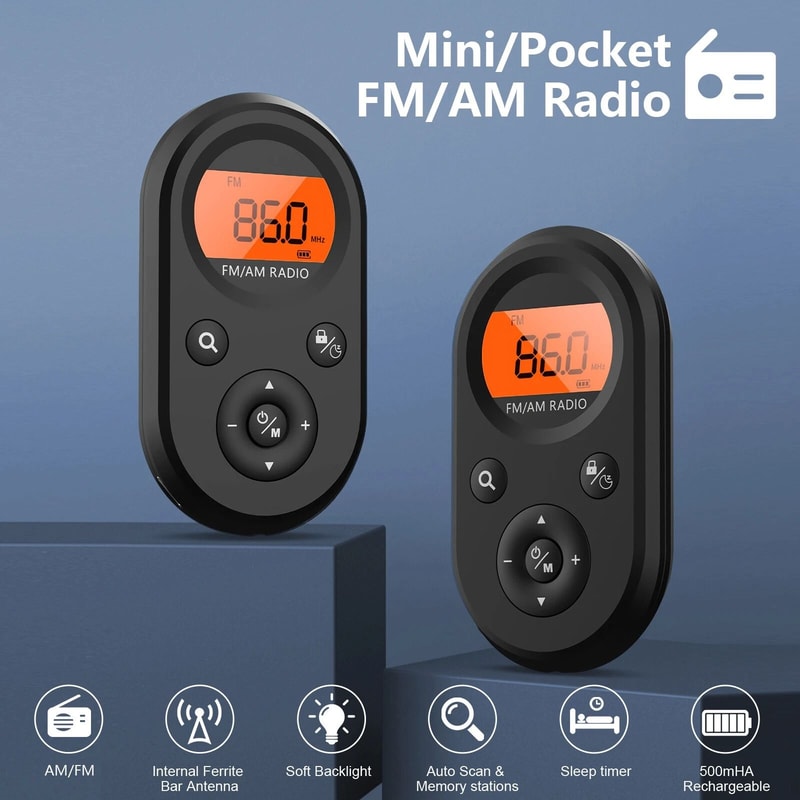 Radio Mini Digital AM FM Portable Pocket LCD Stereo Receiver Earphone Included USB Cable Rechargeab 8