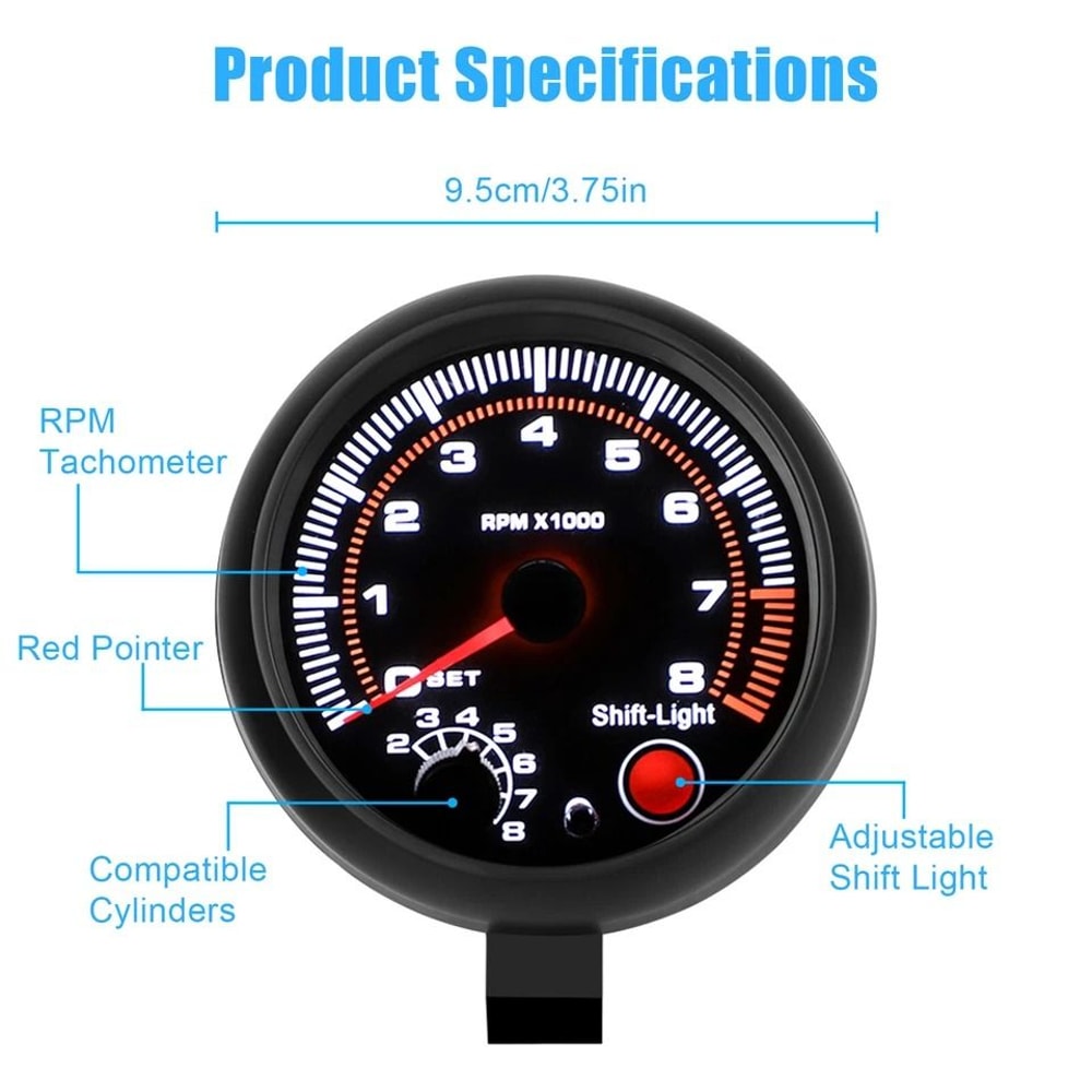 Tachometer Gauge With LED Shift Light Universal Car Meter For Petrol Engines RPM Indicator 5