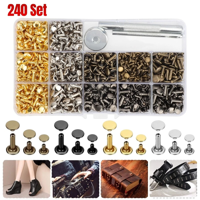 Leather Rivet Kit With Punching Tools Double Cap Metal Studs For DIY Craft 3