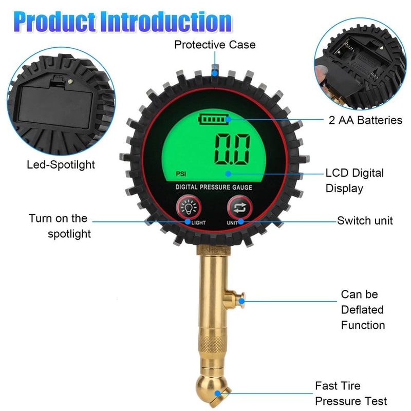 Digital Tire Pressure Gauge With LCD Display Adjustable Units Heavy Duty 9