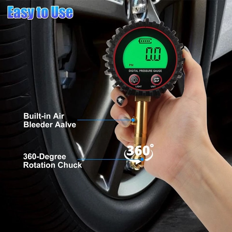 Digital Tire Pressure Gauge With LCD Display Adjustable Units Heavy Duty 6