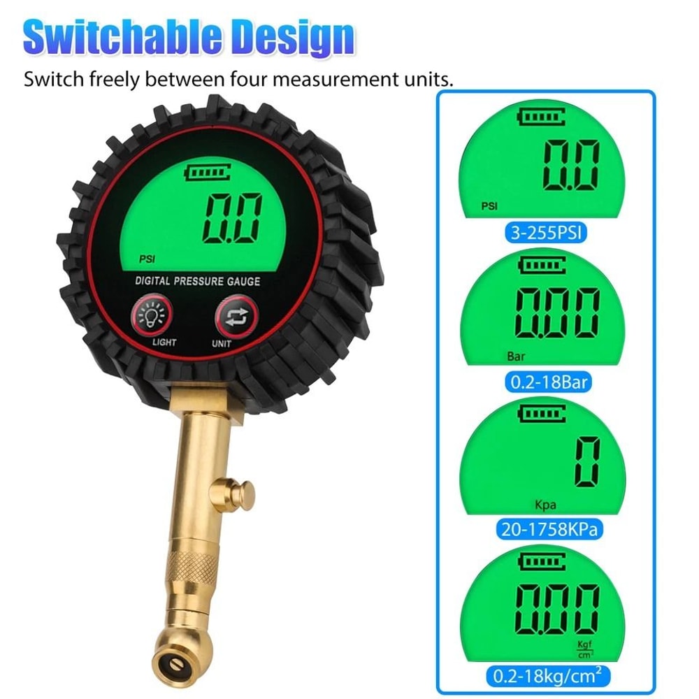 Digital Tire Pressure Gauge With LCD Display Adjustable Units Heavy Duty 7