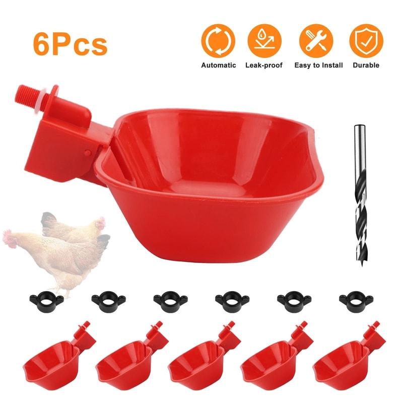 Coop Bucket Setup Red Automatic Chicken Waterer Cups With Drill Bit For Poultry Birds 7