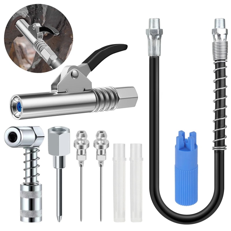 Grease Gun Kit With Flex Hose Grease Needles Zerk Fitting Cleaner And More For Maintenance 7