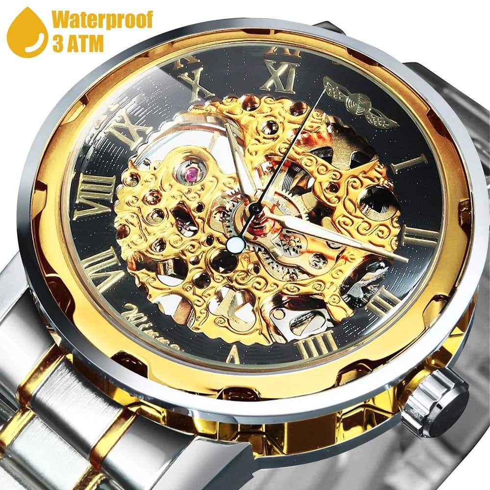 Stainless Steel Skeleton Men Gold Tone Luminous Automatic Mechanical Wristwatch 4