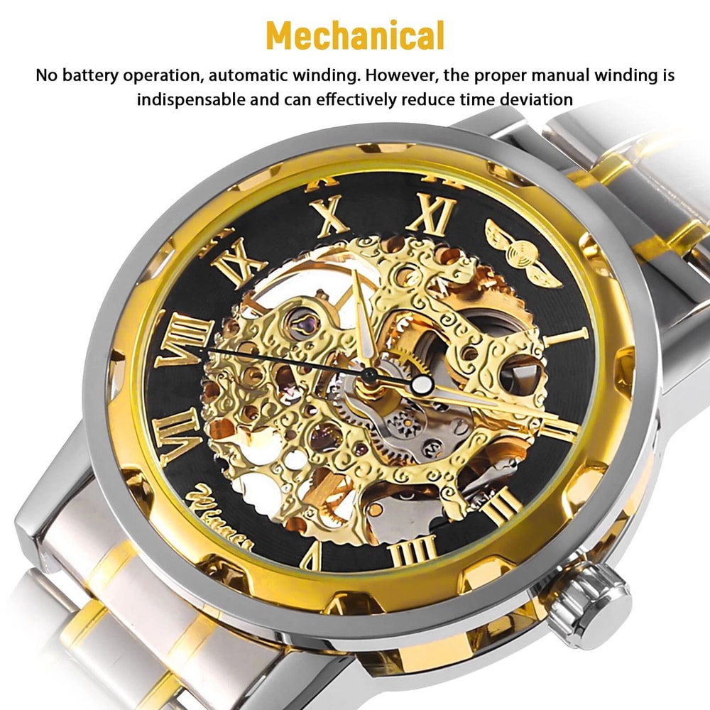 Stainless Steel Skeleton Men Gold Tone Luminous Automatic Mechanical Wristwatch 5