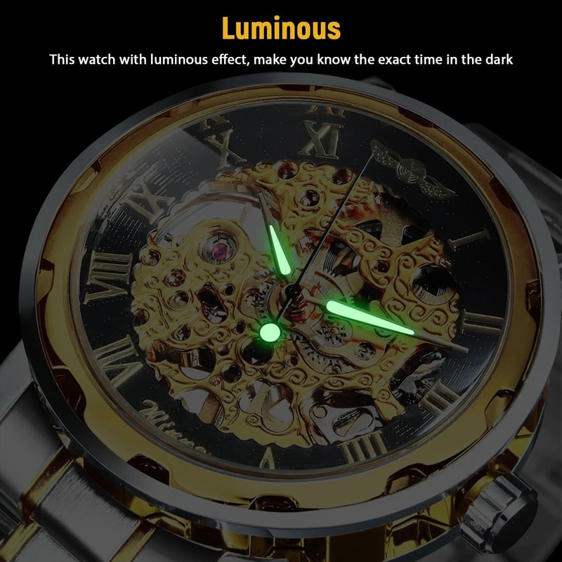Stainless Steel Skeleton Men Gold Tone Luminous Automatic Mechanical Wristwatch 2