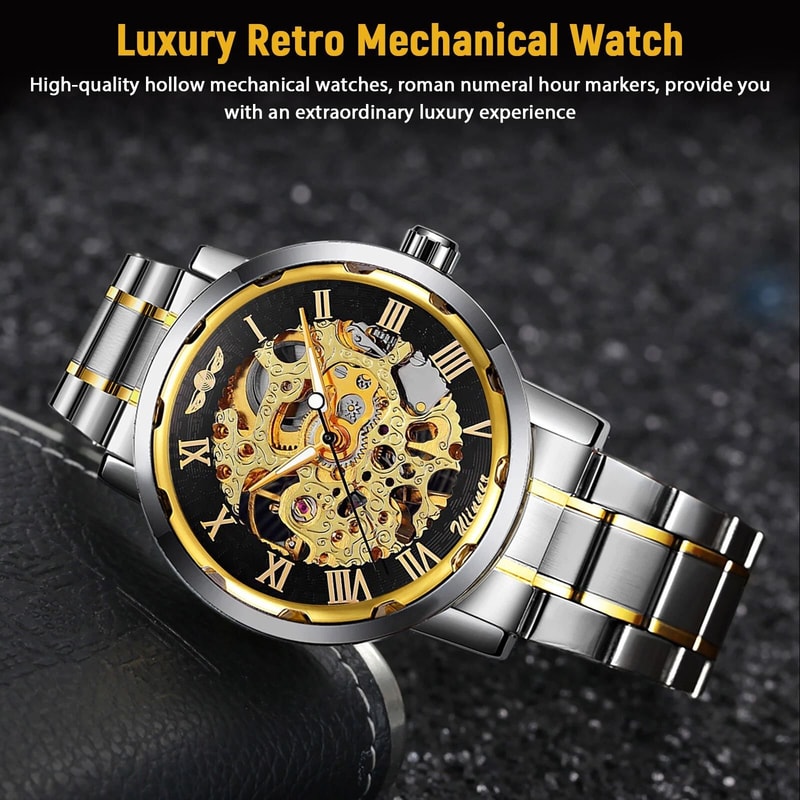 Stainless Steel Skeleton Men Gold Tone Luminous Automatic Mechanical Wristwatch 7