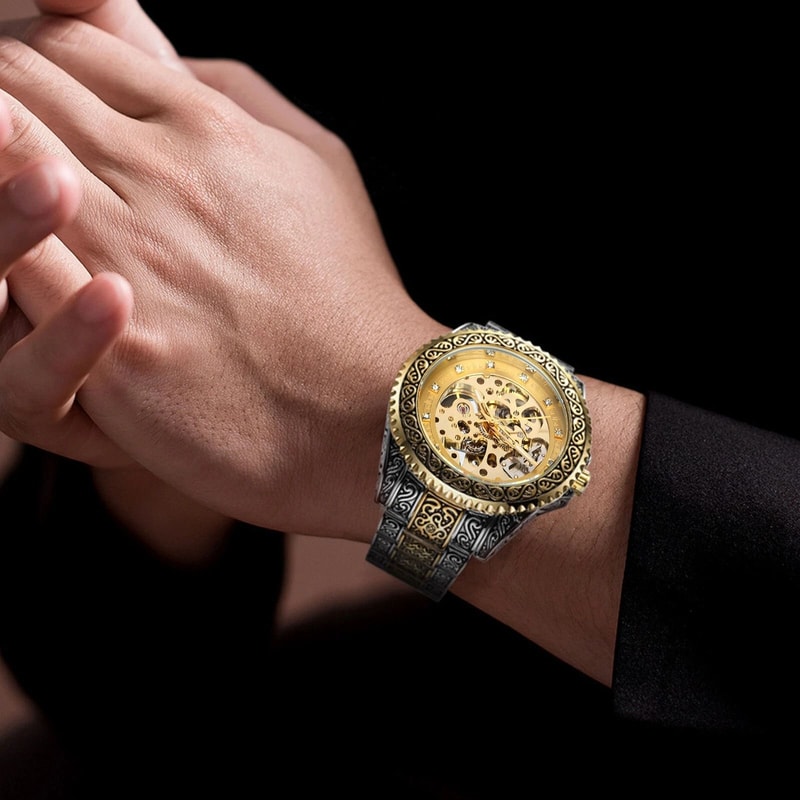 Gold Tone Skeleton Luxury Mens Stainless Steel Automatic Mechanical Wrist Watch 0