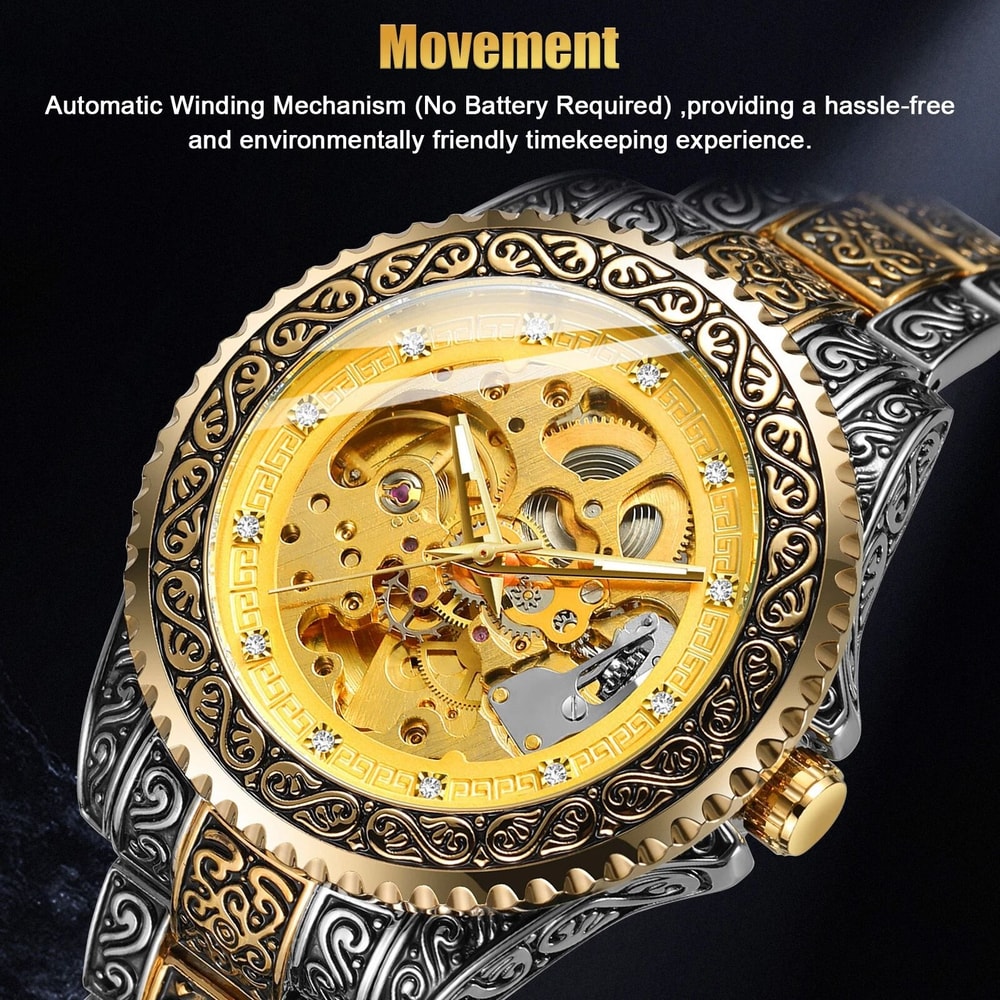 Gold Tone Skeleton Luxury Mens Stainless Steel Automatic Mechanical Wrist Watch 6