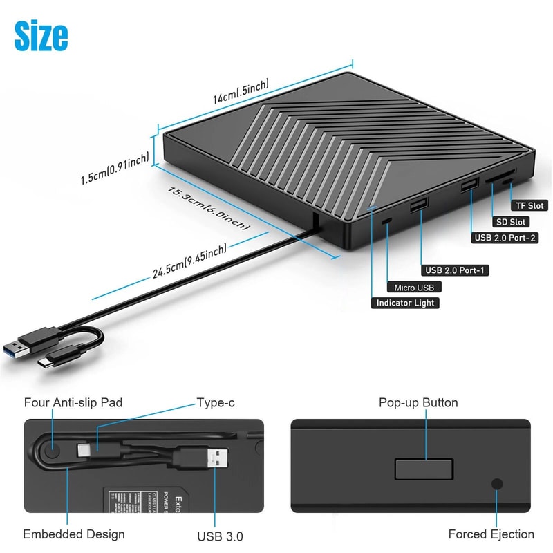 USB External DVD Drive CD Burner Writer USB Hub Portable Player 6
