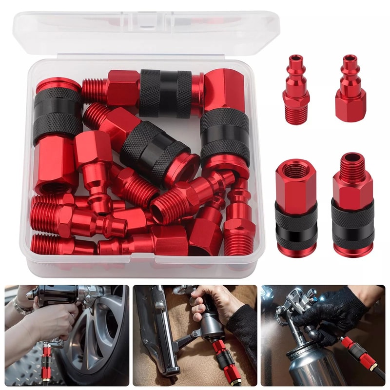 Quick Connect Air Fittings Red Aluminum Coupler Plug Kit Universal Secure Locking Mechanism For Pne 5