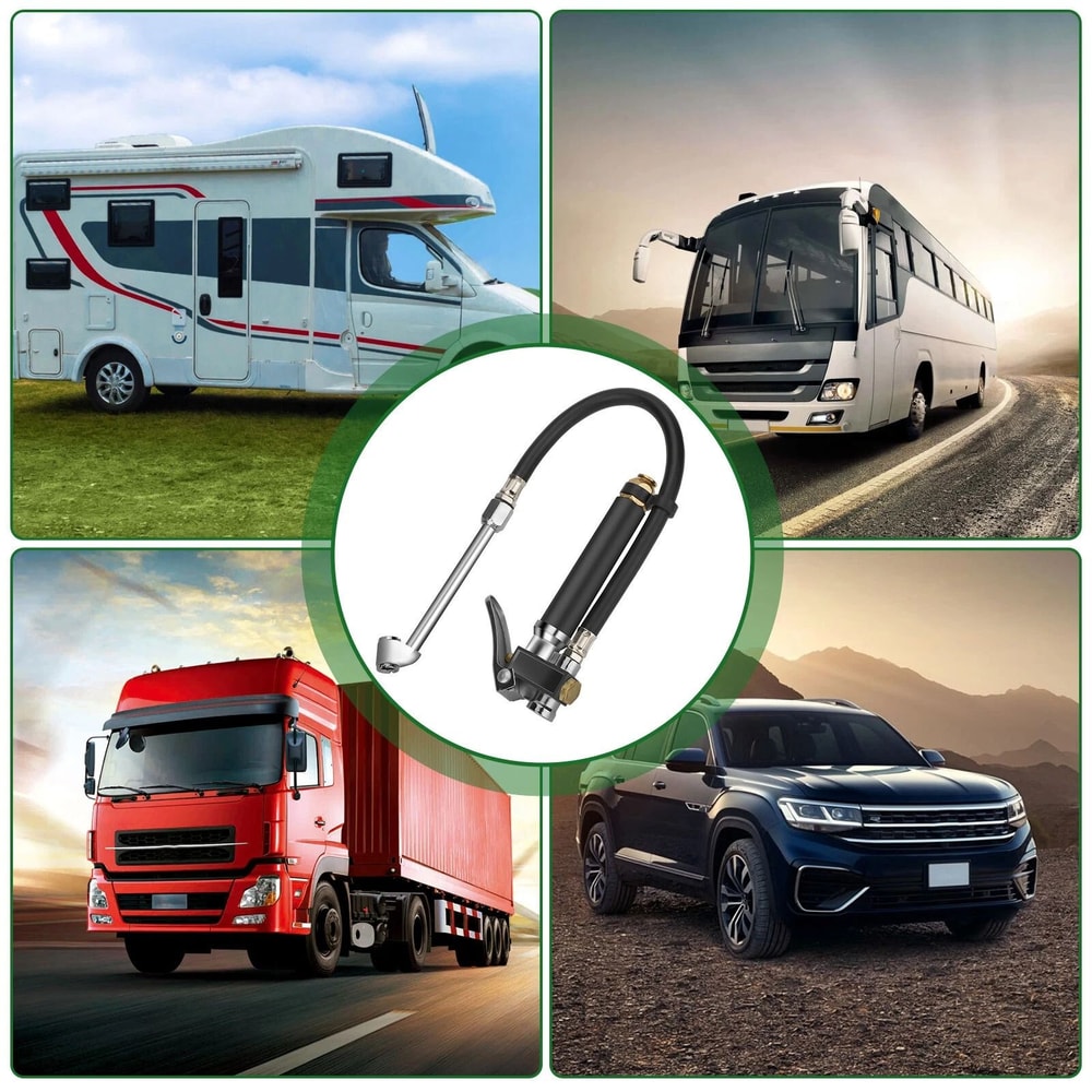 HeavyDuty Air Tire Inflator Dual Head Chuck Pressure Gauge With Rubber Hose 2