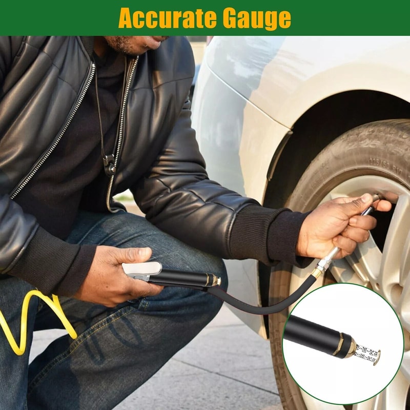HeavyDuty Air Tire Inflator Dual Head Chuck Pressure Gauge With Rubber Hose 1