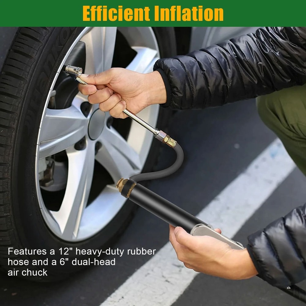 HeavyDuty Air Tire Inflator Dual Head Chuck Pressure Gauge With Rubber Hose 3